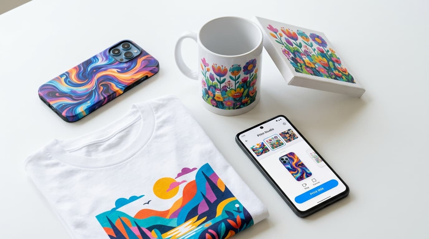 Custom printed products - phone case, mug, t-shirt, and canvas with AI-generated art designs